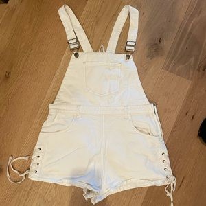 Off white denim overalls with lacing detail